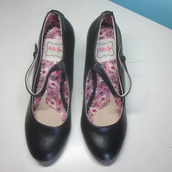 Bettie Page Shoes by Ellie Women Size 7 Black Leather Mary Jane Strap 3.5" Heels - Picture 6 of 15